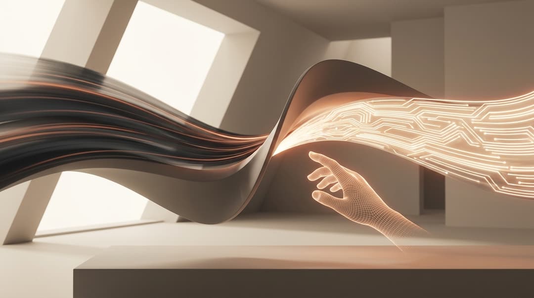 Claude Sonnet 5 equilibrando velocidad e inteligencia, el equilibrio entre una forma ágil y una forma densa y luminosa que se encuentran en un punto equilibrado