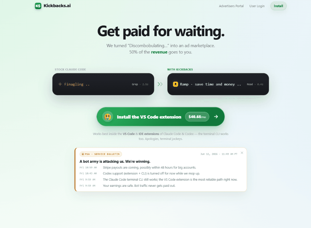 Kickbacks.ai-Landingpage, 'Get paid for waiting', mit dem gesponserten Spinner und dem Installations-Button der VS-Code-Erweiterung