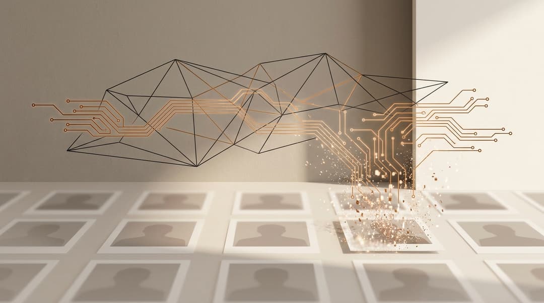 De privacyvraag achter AI-beeldtools, een raster van vage fotolijsten waarvan er één oplost in deeltjes van licht