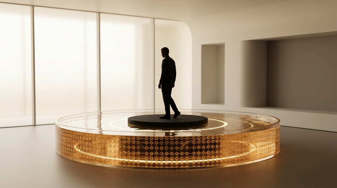 Een eenzame figuur op een platform binnen een gloeiende gouden ring van talloze kleine echo-elementen