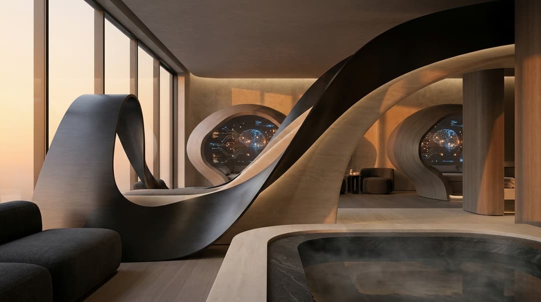 Een warm, goudverlicht luxe wellness-spa-interieur met sculpturale scancabines en een cold plunge