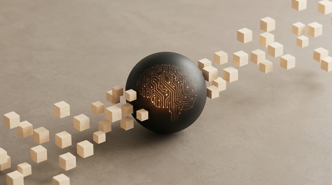 Concept abstrait de consolidation : une sphère sombre aspire une traînée de petits cubes pâles, la concentration du pouvoir dans l'outillage IA