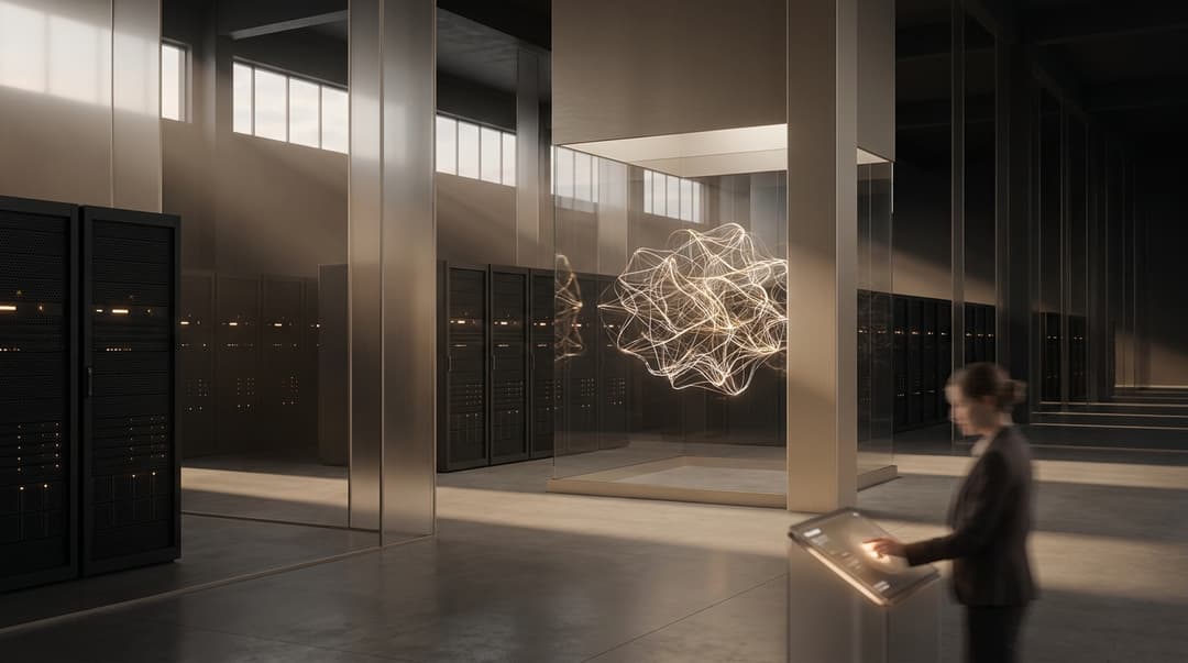 Vaste halle de datacenter aux rangées de serveurs à perte de vue, illustration de l'échelle du supercalculateur Colossus