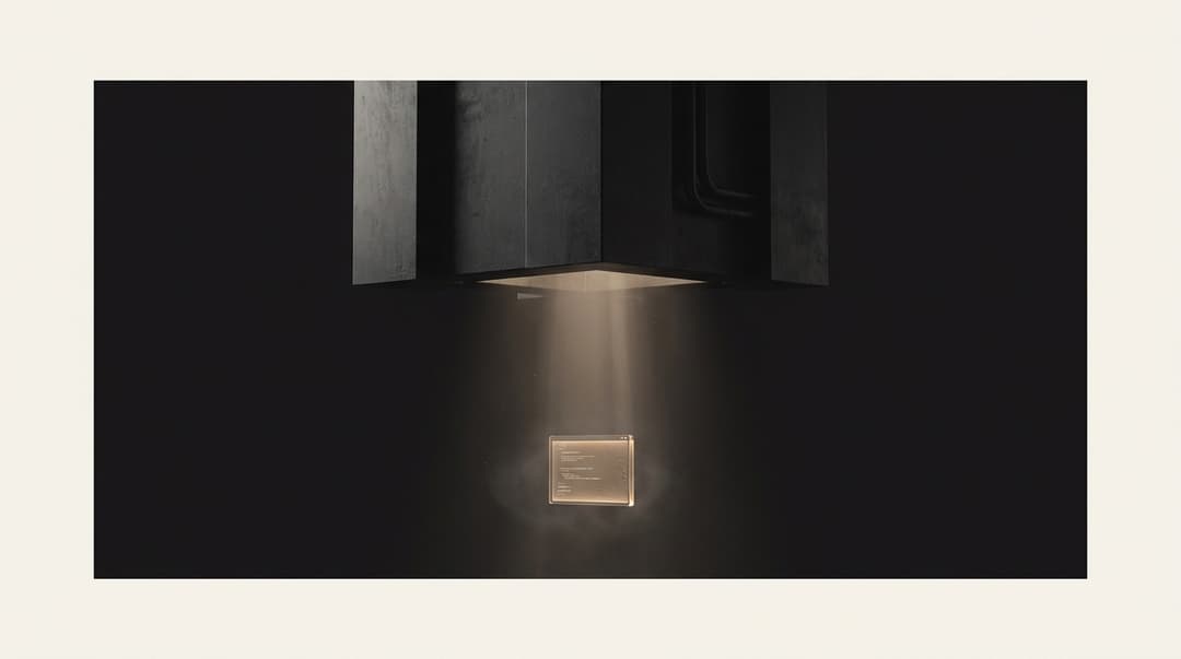 Concept éditorial : une petite fenêtre d'éditeur de code lumineuse aspirée par un faisceau vers une structure monolithique massive, le petit outil absorbé par le géant