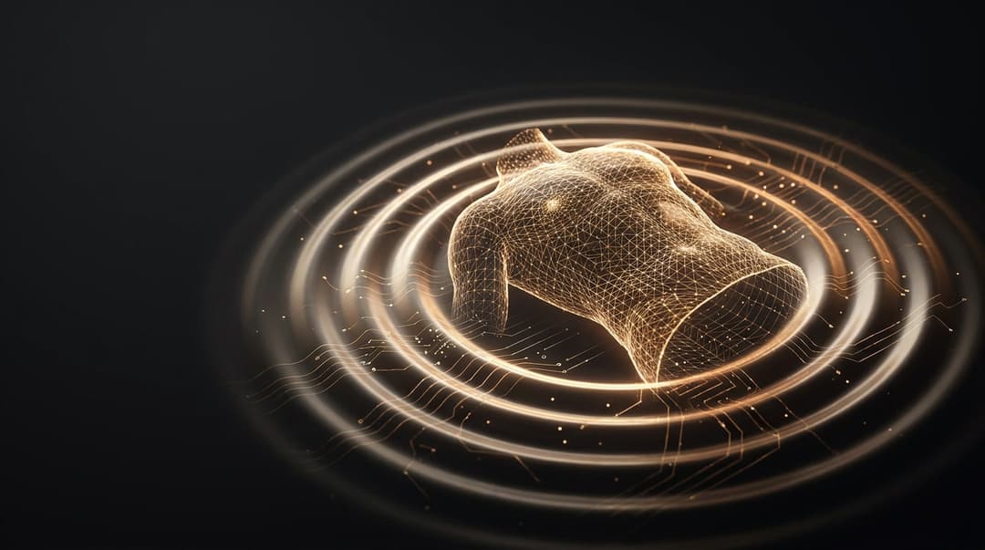 Een gloeiende 3D-draadmodel van een romp, gereconstrueerd uit concentrische echo-golffronten