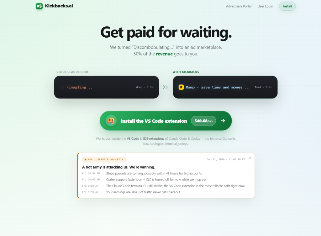 Kickbacks.ai landing page — 'Get paid for waiting', with the sponsored spinner and the VS Code extension install button