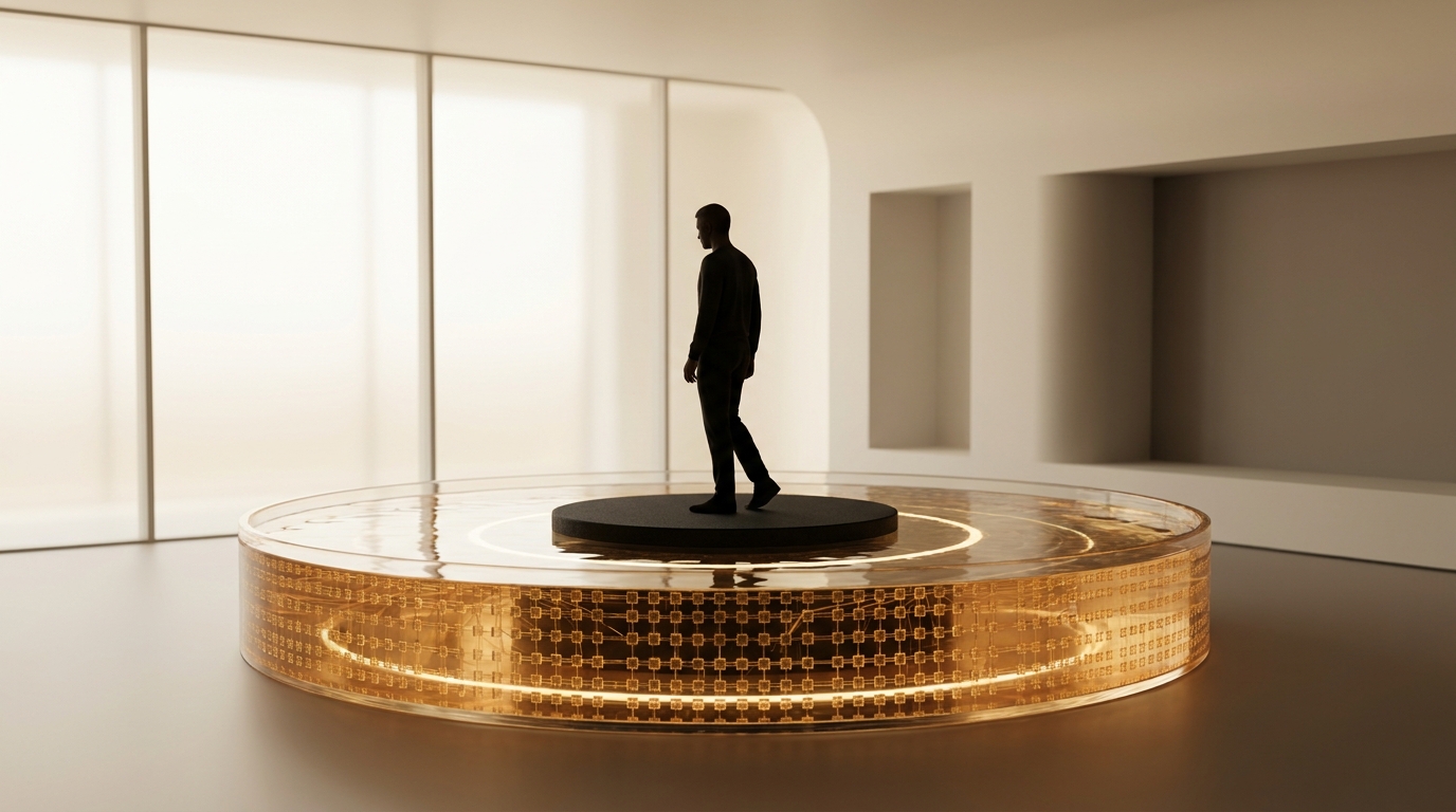 Uma figura solitária numa plataforma dentro de um anel dourado luminoso composto por incontáveis e minúsculos elementos ultrassónicos