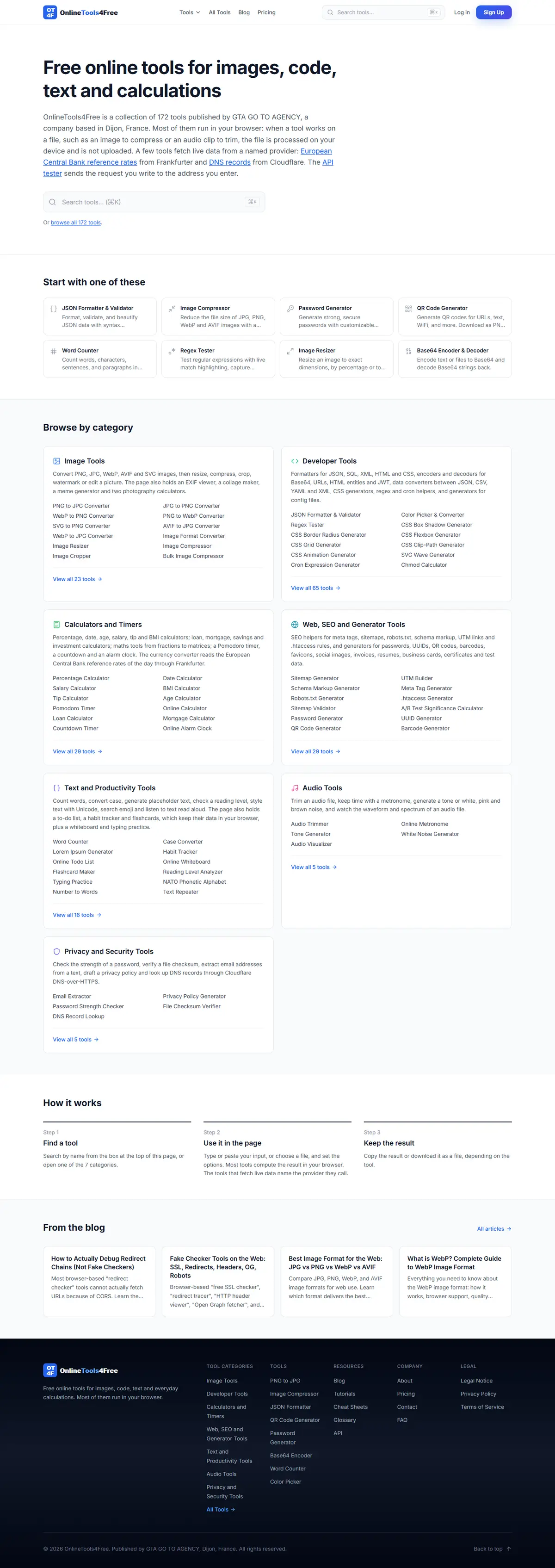 OnlineTools4Free, la page d'accueil en entier